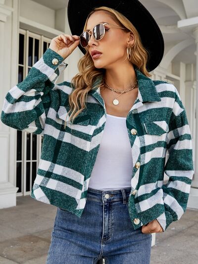Plaid Button Up Pocketed Jacket - Cheeky Chic Boutique