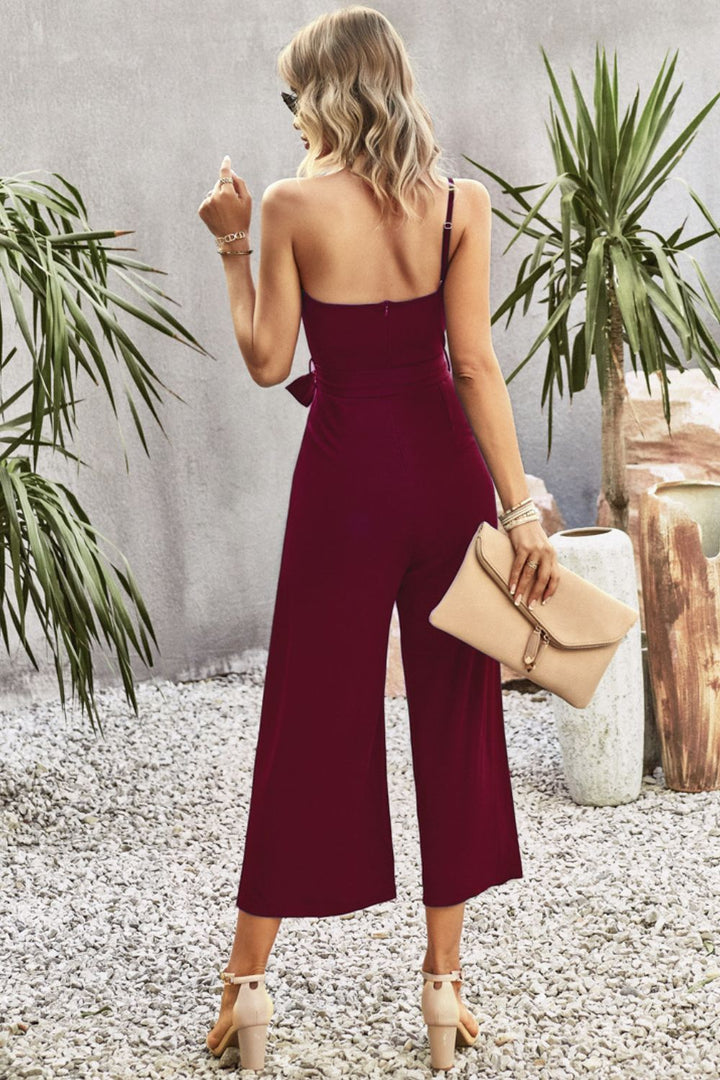 One-Shoulder Tie Belt Wide Leg Jumpsuit - Cheeky Chic Boutique