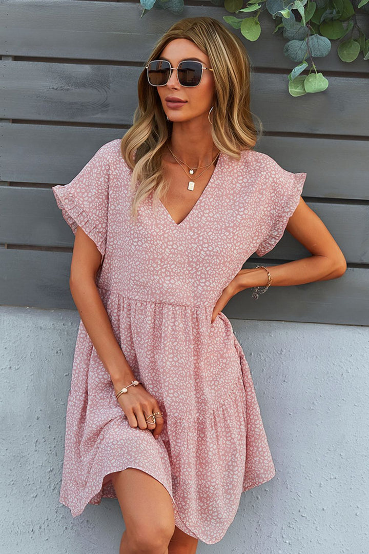 Printed V-Neck Short Sleeve Tiered Dress - Cheeky Chic Boutique