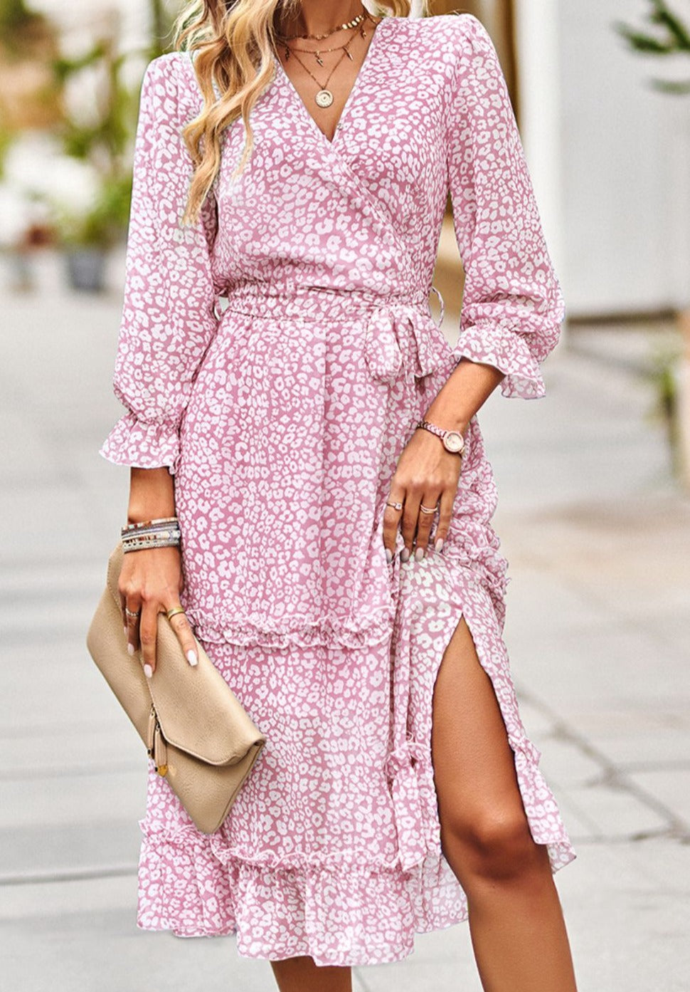 PRE-ORDER Leopard Surplice Tie Belt Slit Dress - Cheeky Chic Boutique