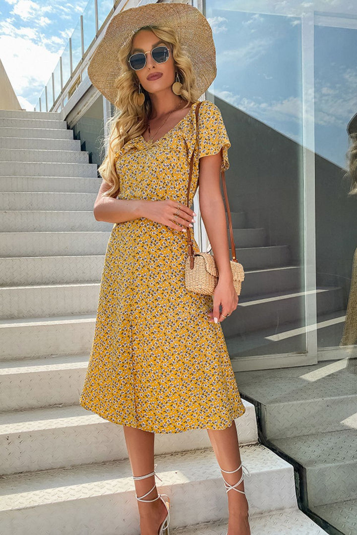 PRE-ORDER Ditsy Floral Split Flutter Sleeve Dress - Cheeky Chic Boutique