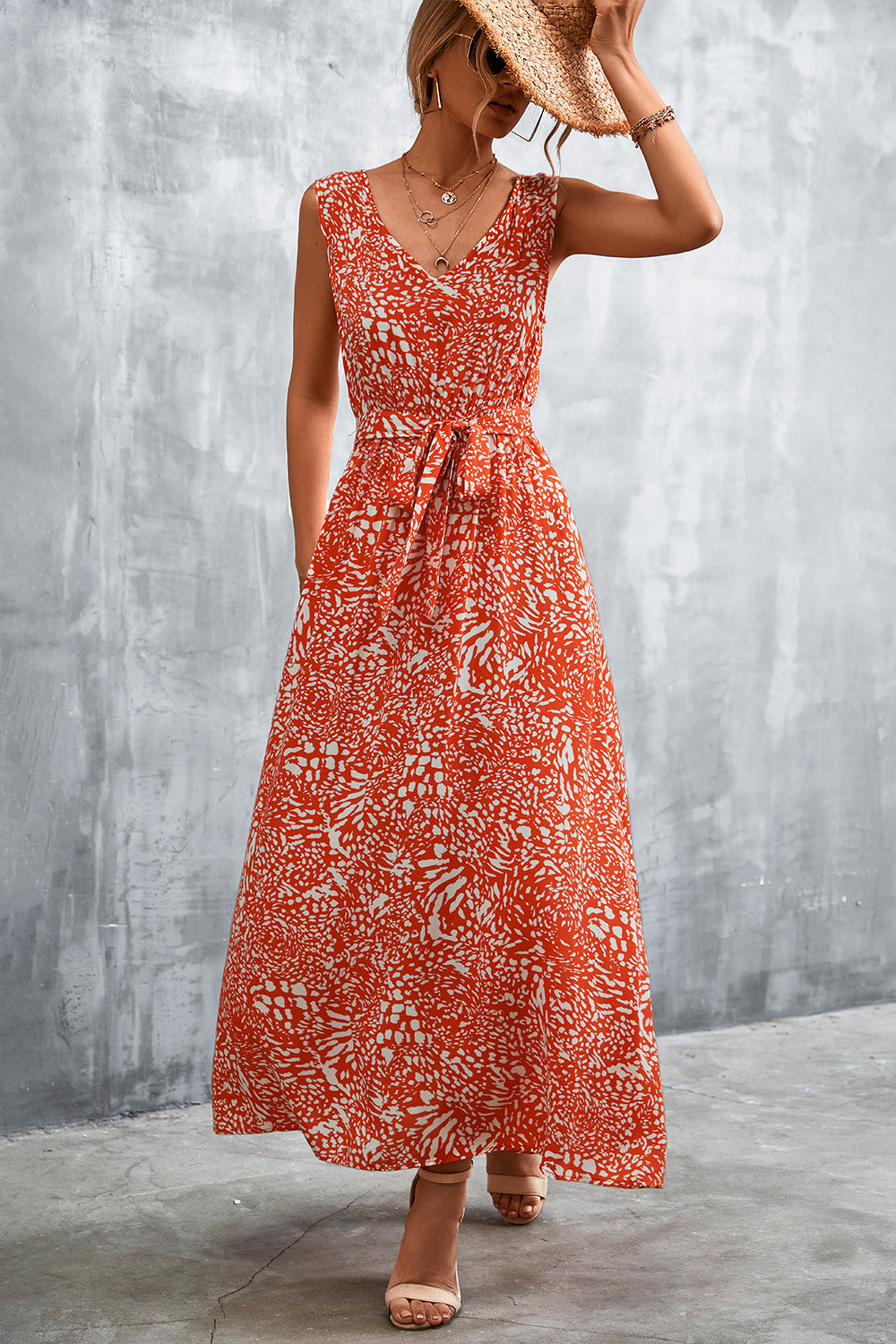 Printed V-Neck Tie Waist Maxi Dress - Cheeky Chic Boutique
