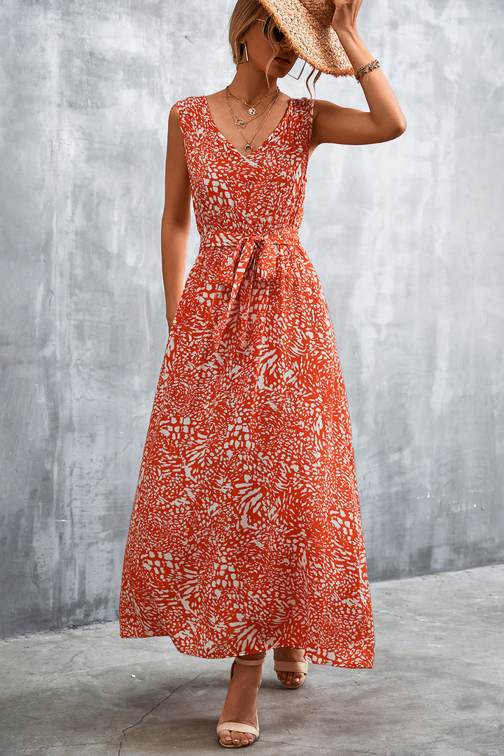 Printed V-Neck Tie Waist Maxi Dress - Cheeky Chic Boutique