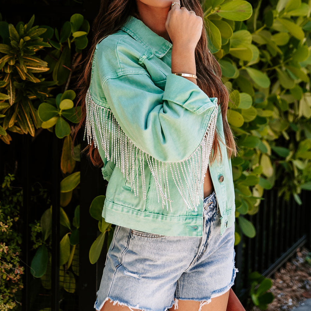 Hometown Rhinestone Fringe Denim Jacket - Cheeky Chic Boutique