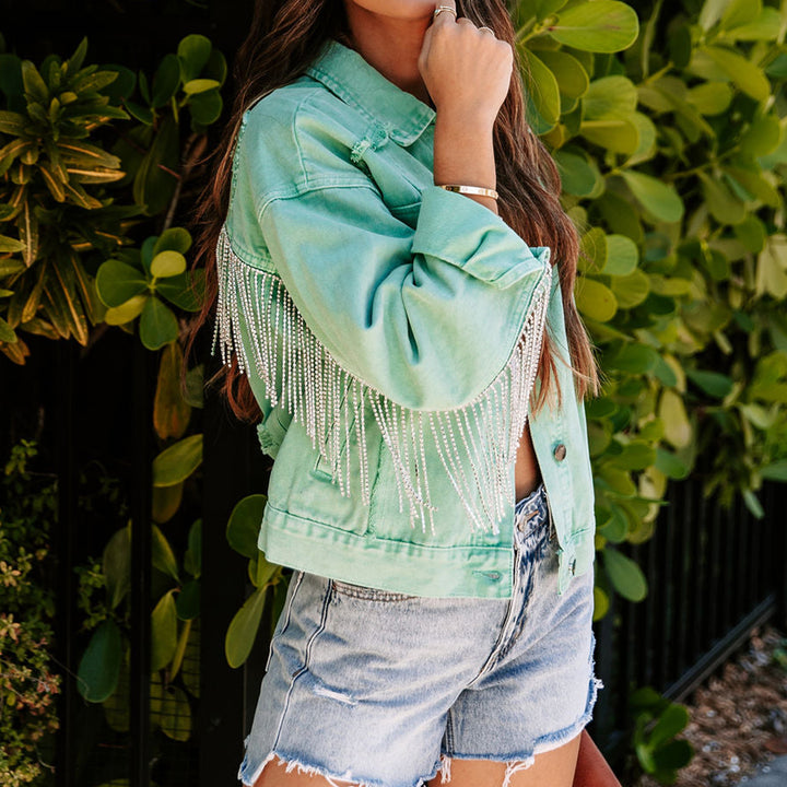 Hometown Rhinestone Fringe Denim Jacket - Cheeky Chic Boutique