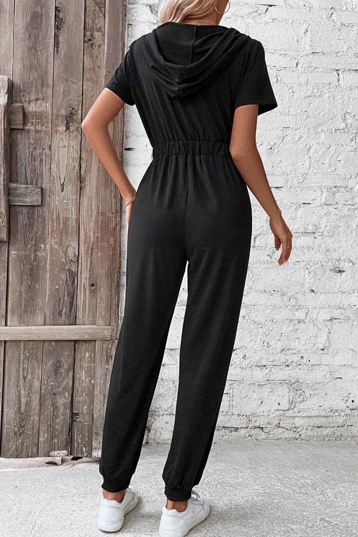 Zip-Up Short Sleeve Hooded Jumpsuit with Pockets - Cheeky Chic Boutique