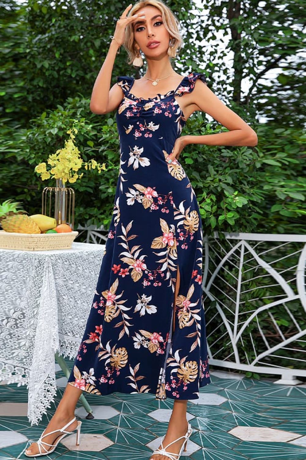 Floral Print Sleeveless Square Neck Slit Midi Dress - Cheeky Chic Boutique