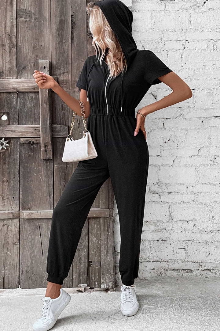 Zip-Up Short Sleeve Hooded Jumpsuit with Pockets - Cheeky Chic Boutique