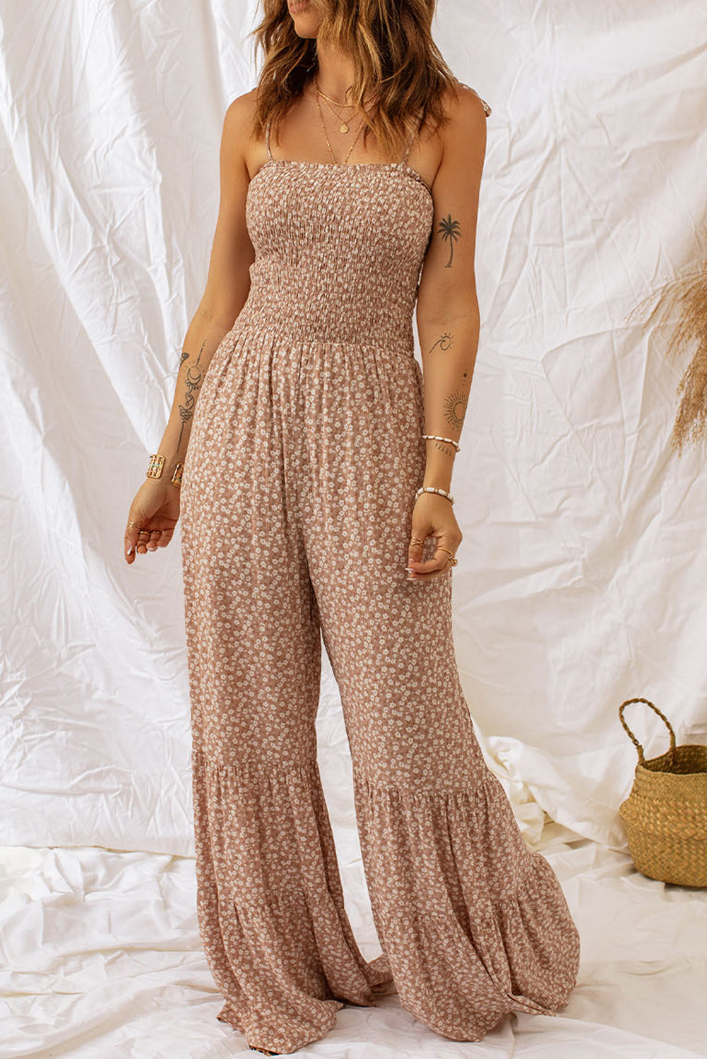 PRE-ORDER Floral Spaghetti Strap Smocked Wide Leg Jumpsuit - Cheeky Chic Boutique