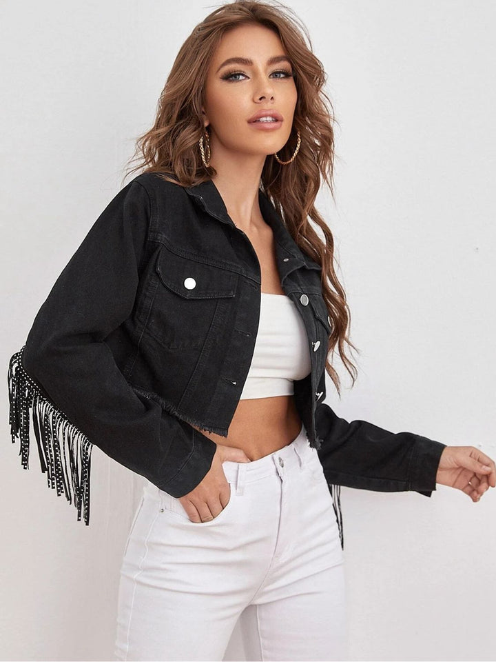 Fringe Detail Collared Neck Cropped Denim Jacket - Cheeky Chic Boutique