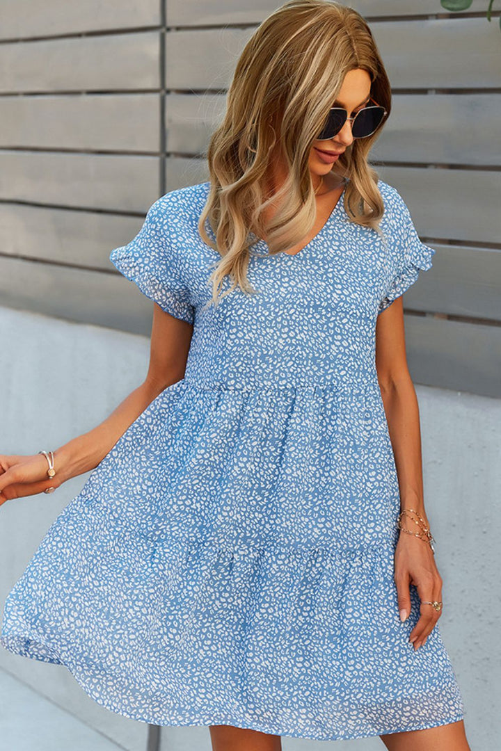 Printed V-Neck Short Sleeve Tiered Dress - Cheeky Chic Boutique