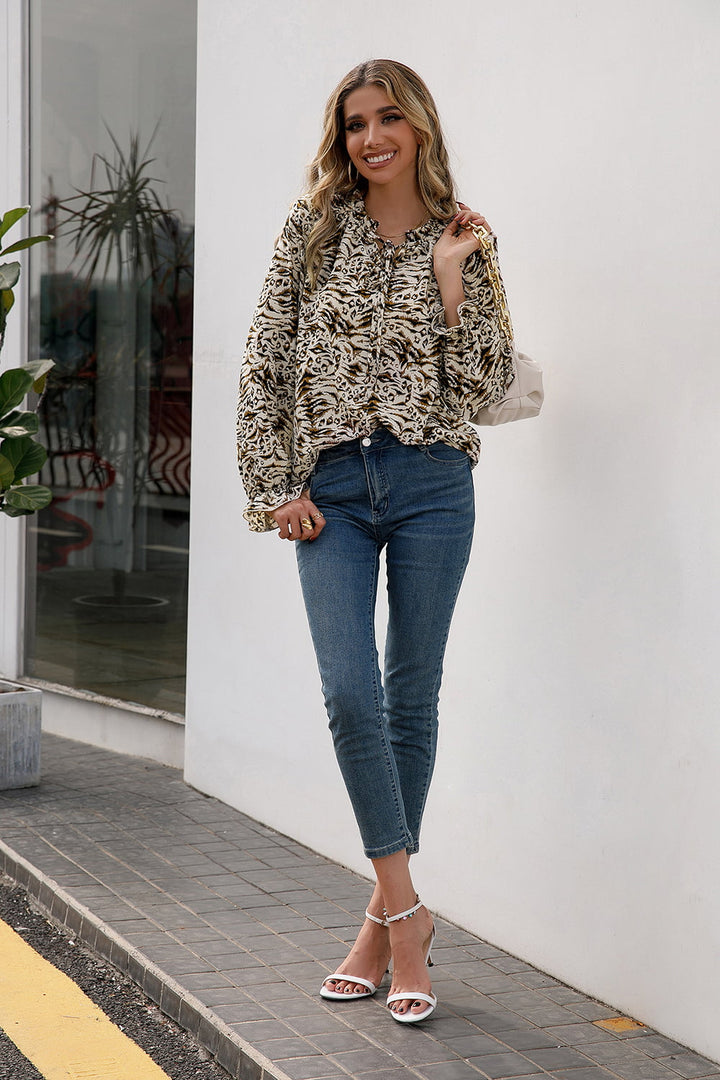 Printed Tie Neck Frill Trim Flounce Sleeve Blouse - Cheeky Chic Boutique