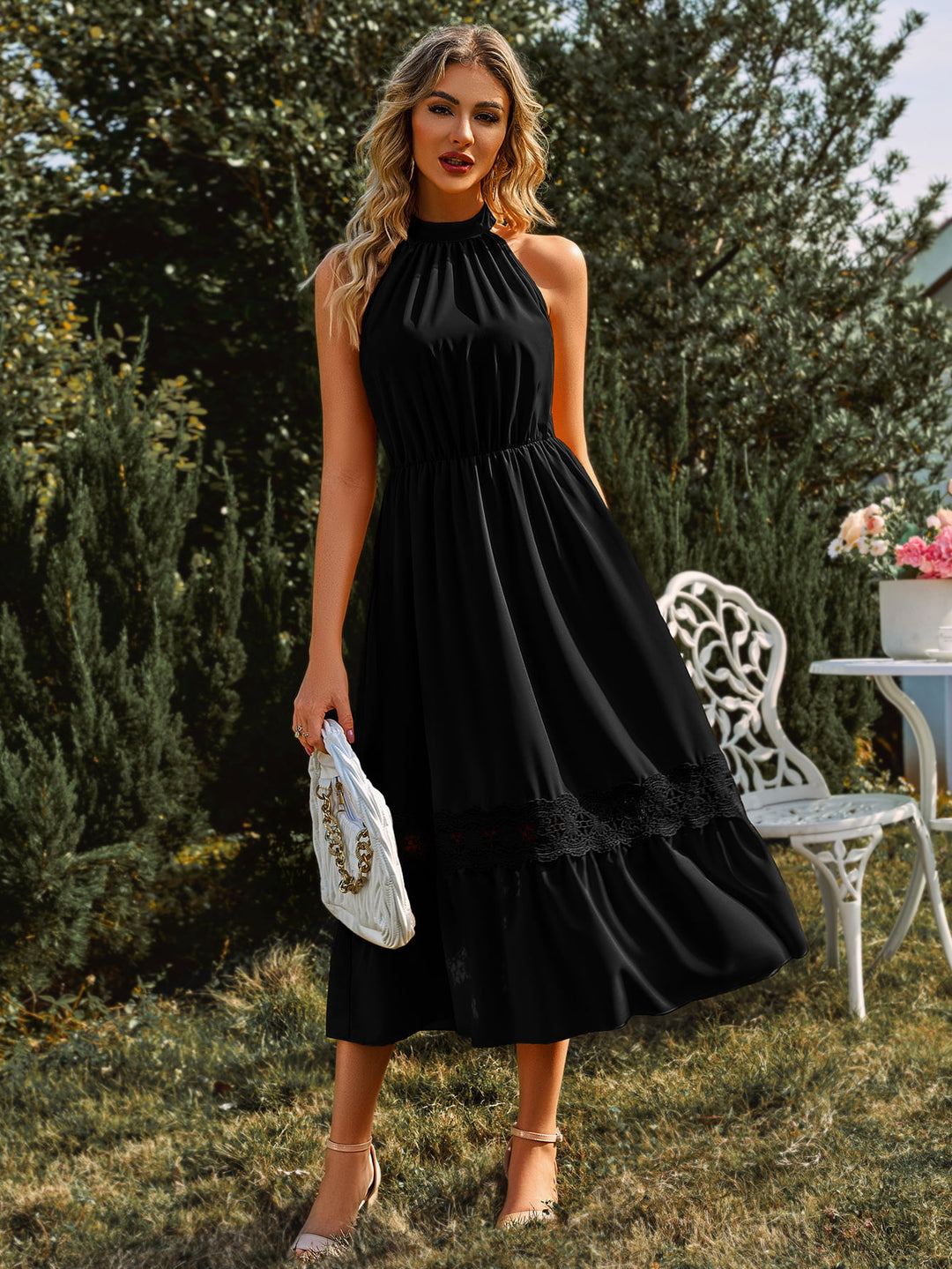 Grecian Neck Spliced Lace Midi Dress - Cheeky Chic Boutique