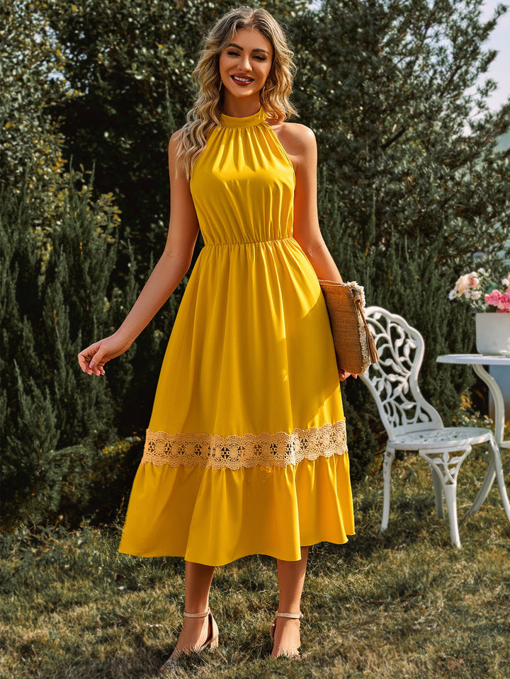Grecian Neck Spliced Lace Midi Dress - Cheeky Chic Boutique