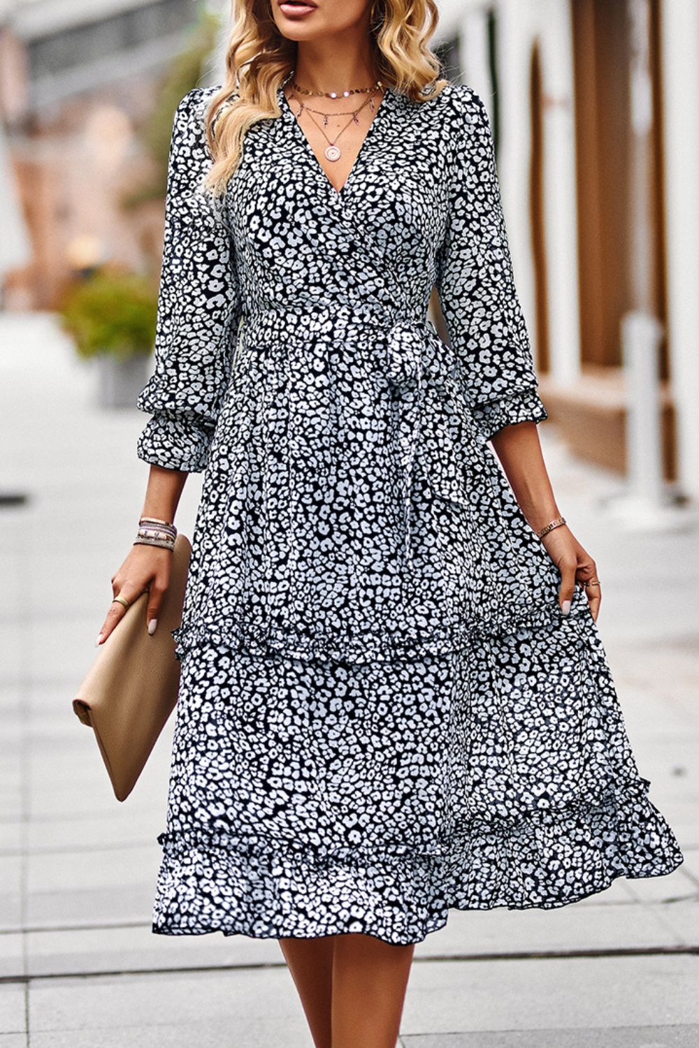 PRE-ORDER Leopard Surplice Tie Belt Slit Dress - Cheeky Chic Boutique