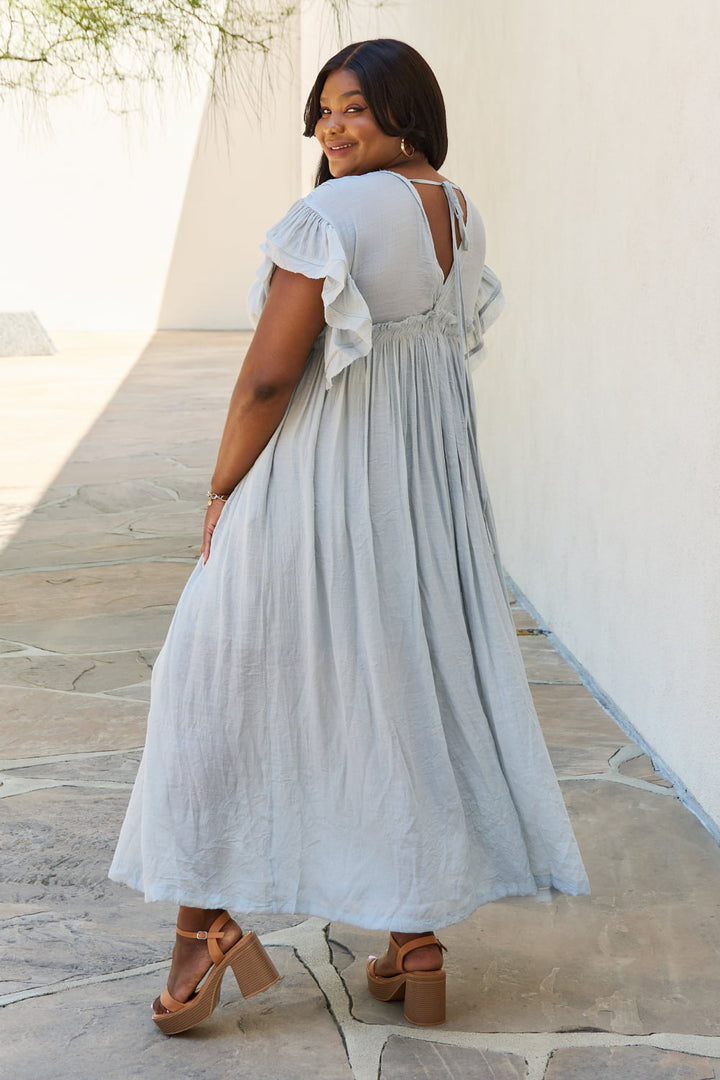 Sweet Lovely By Jen Full Size Drawstring Deep V Butterfly Sleeve Maxi Dress - Cheeky Chic Boutique