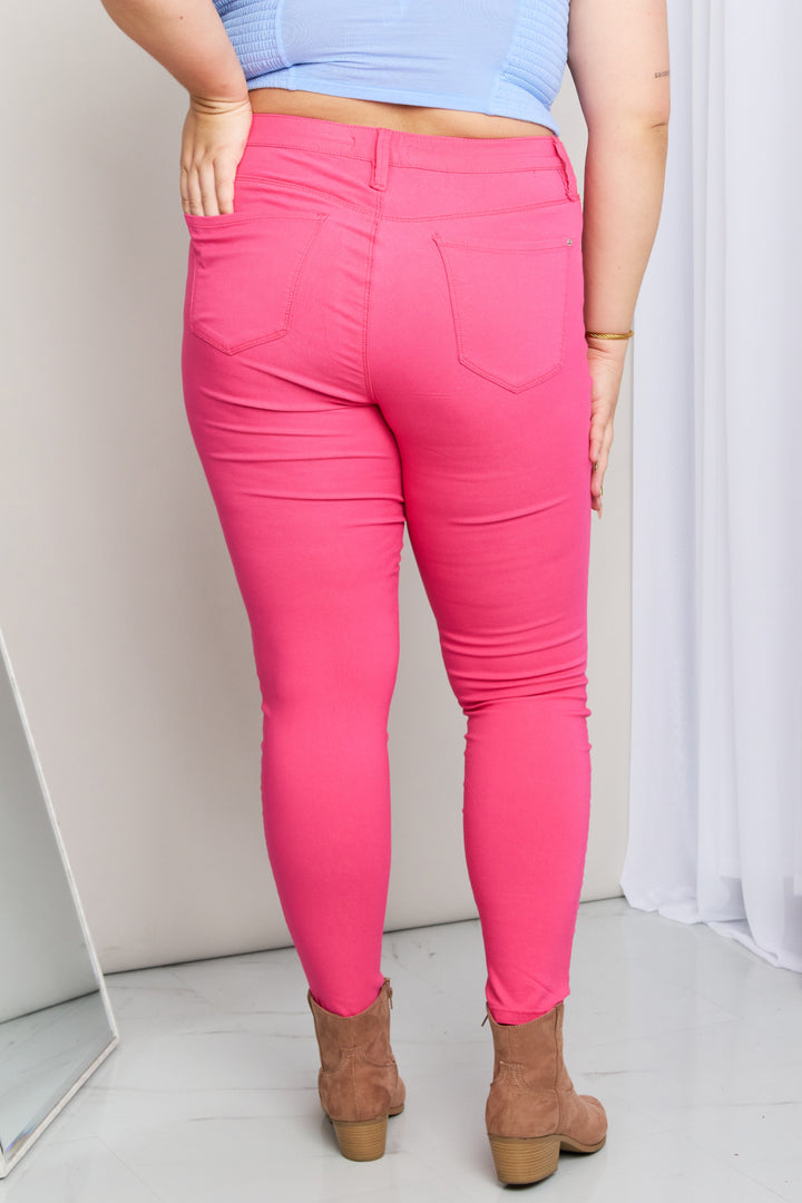 YMI Jeanswear Kate Hyper-Stretch Full Size Mid-Rise Skinny Jeans in Fiery Coral - Cheeky Chic Boutique