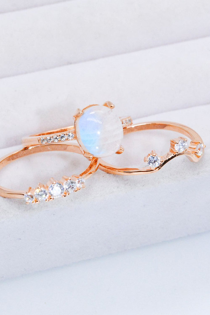 Natural Moonstone and Zircon Three-Piece Ring Set - Cheeky Chic Boutique