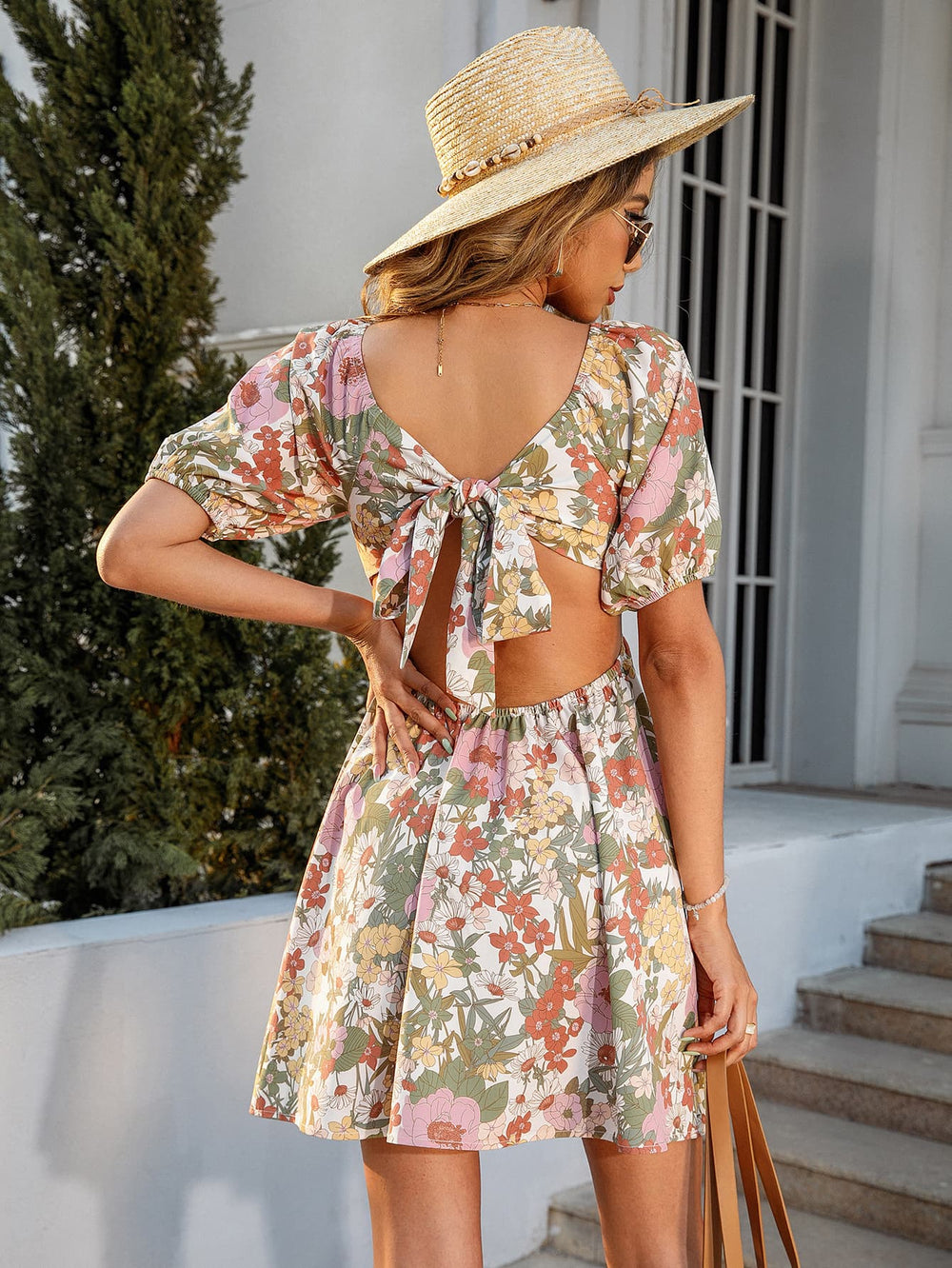 Floral Square Neck Cutout Mini Dress - Cheeky Chic Boutique