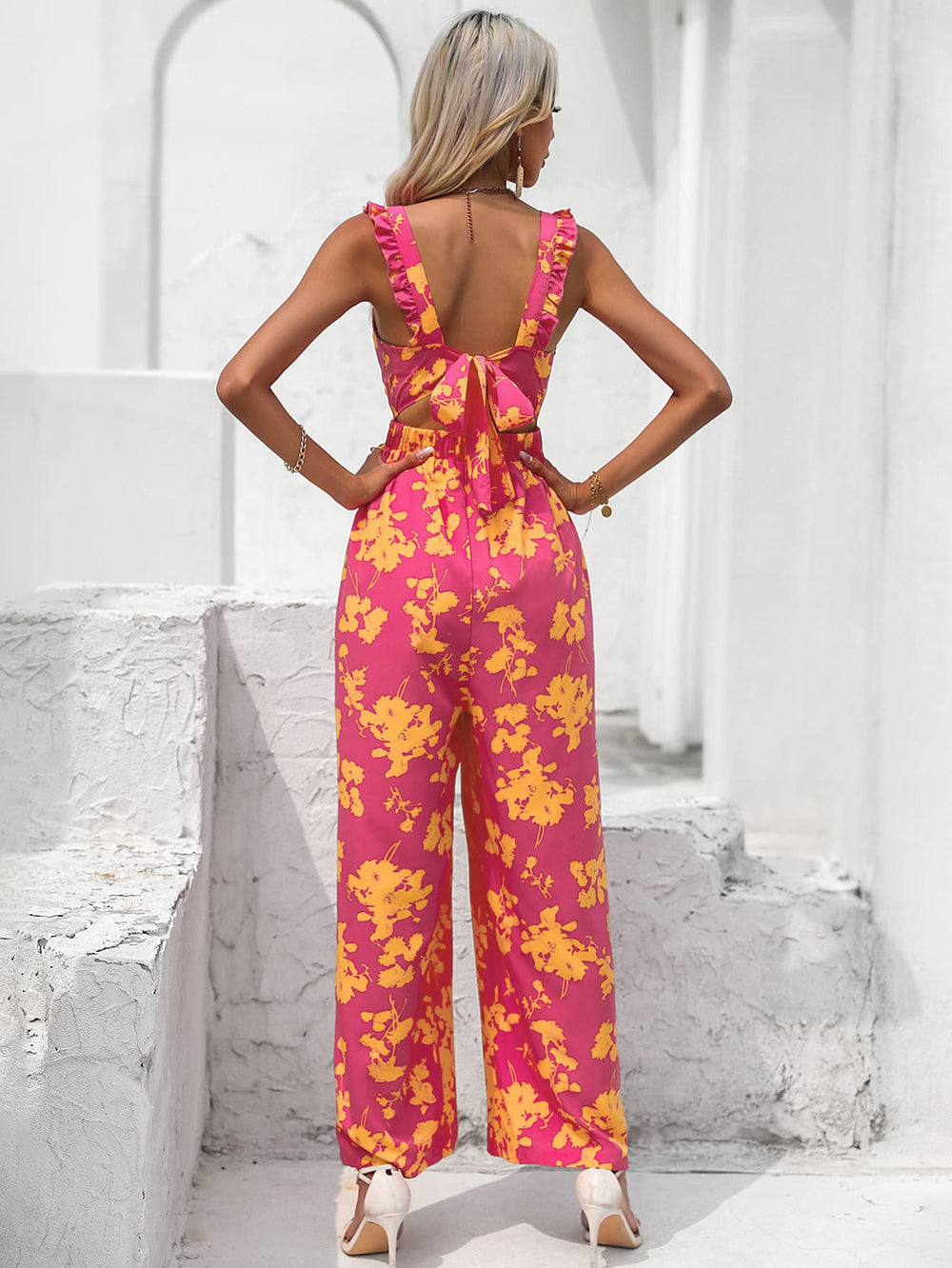 Floral Square Neck Cutout Tie Back Jumpsuit - Cheeky Chic Boutique