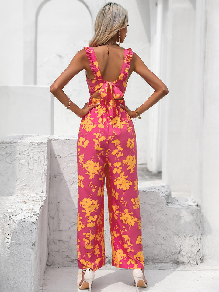 Floral Square Neck Cutout Tie Back Jumpsuit - Cheeky Chic Boutique