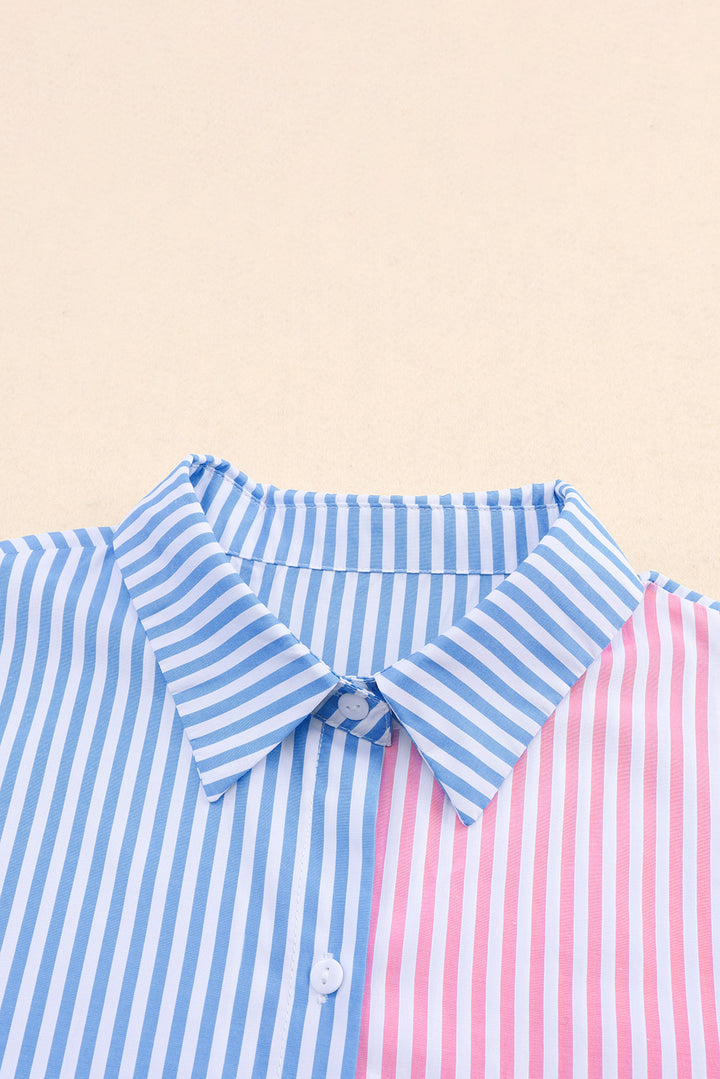 Striped Two-Tone Long Sleeve Shirt with Pocket - Cheeky Chic Boutique