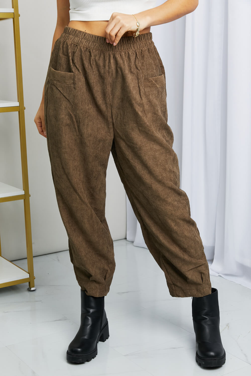 Zenana School Night Corduroy Loose Fit Pants in Mocha - Cheeky Chic Boutique