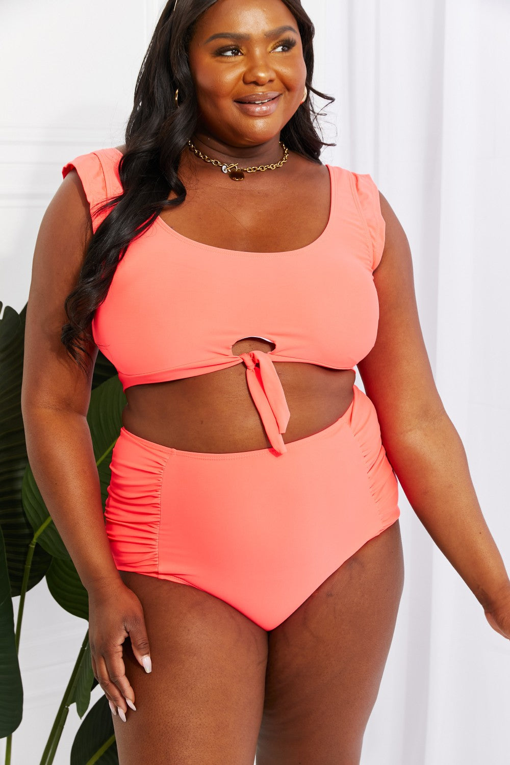 Marina West Swim Sanibel Crop Swim Top and Ruched Bottoms Set in Coral - Cheeky Chic Boutique