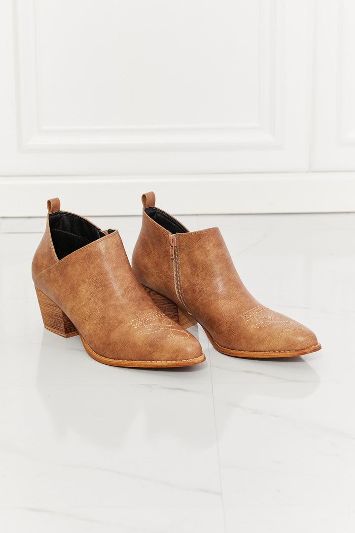 MMShoes Trust Yourself Embroidered Crossover Cowboy Bootie in Caramel - Cheeky Chic Boutique