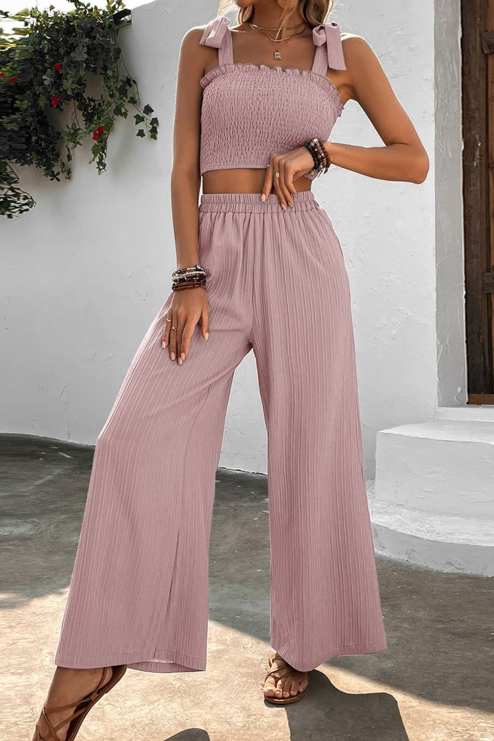 Tie Shoulder Smocked Crop Top and Wide Leg Pants Set - Cheeky Chic Boutique