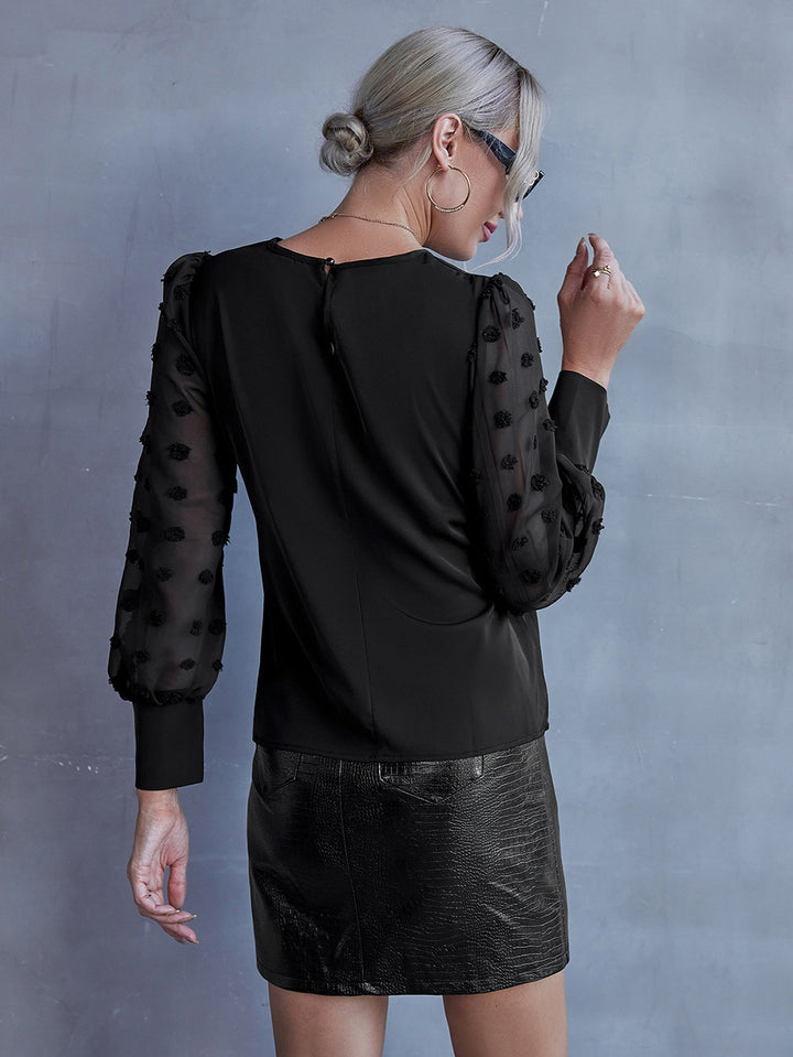 Swiss Dot Lantern Sleeve Round Neck Blouse - Cheeky Chic Boutique