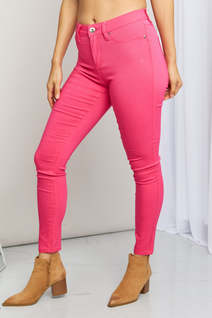 YMI Jeanswear Kate Hyper-Stretch Full Size Mid-Rise Skinny Jeans in Fiery Coral - Cheeky Chic Boutique
