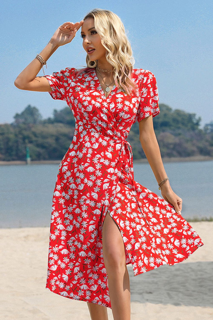 Floral Surplice Neck Short Sleeve Dress - Cheeky Chic Boutique