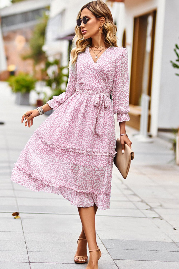 PRE-ORDER Leopard Surplice Tie Belt Slit Dress - Cheeky Chic Boutique