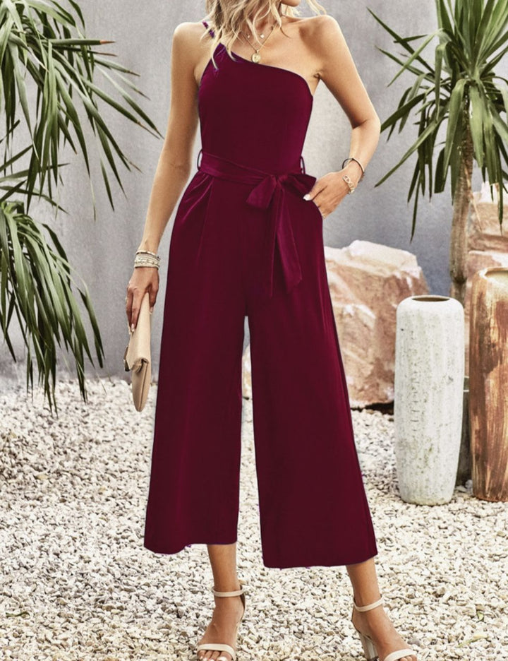 One-Shoulder Tie Belt Wide Leg Jumpsuit - Cheeky Chic Boutique