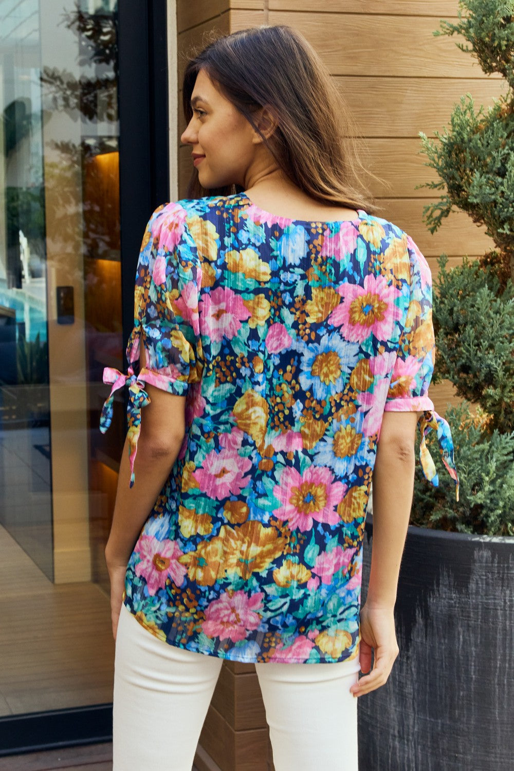 Petal Dew Full Size Floral V-Neck Tie Detail Blouse - Cheeky Chic Boutique