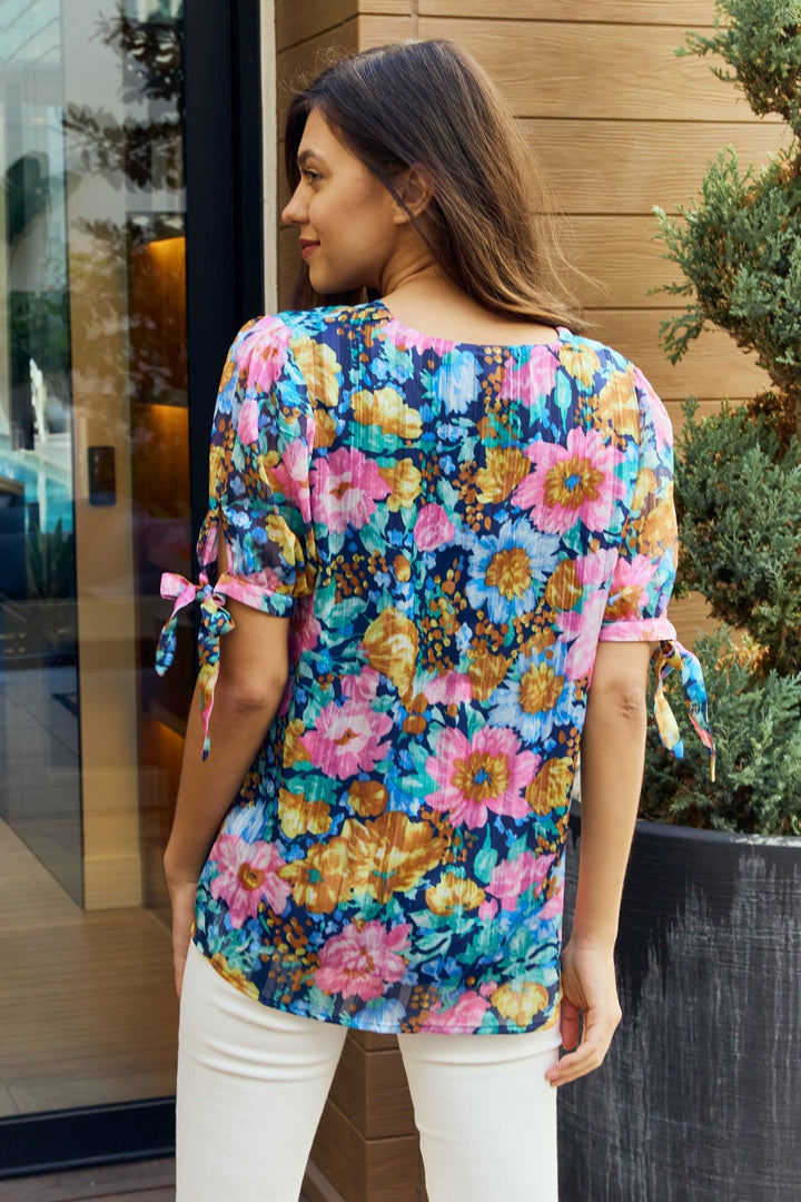 Petal Dew Full Size Floral V-Neck Tie Detail Blouse - Cheeky Chic Boutique