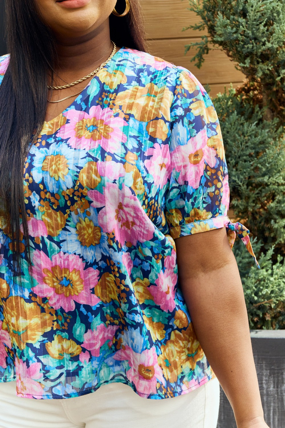 Petal Dew Full Size Floral V-Neck Tie Detail Blouse - Cheeky Chic Boutique