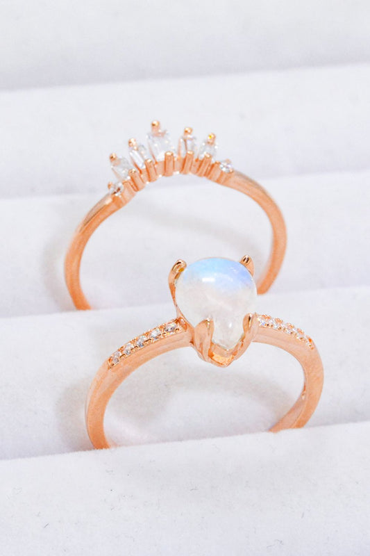 Natural Moonstone and Zircon 18K Rose Gold-Plated Two-Piece Ring Set - Cheeky Chic Boutique