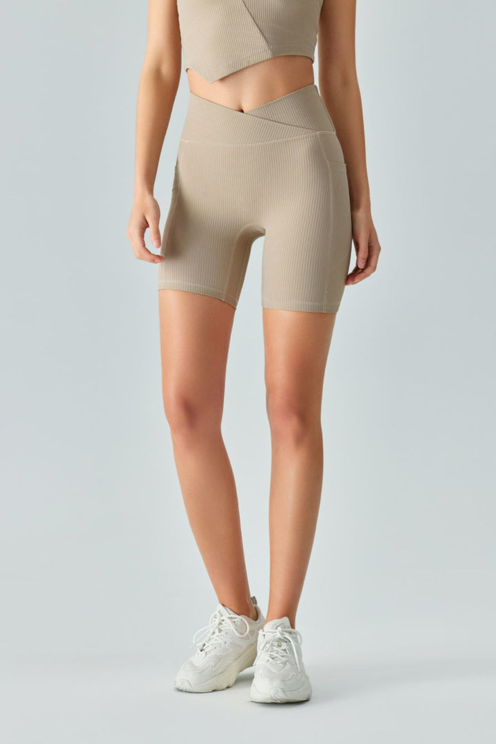 V-Waist Ribbed Sports Biker Shorts with Pockets - Cheeky Chic Boutique
