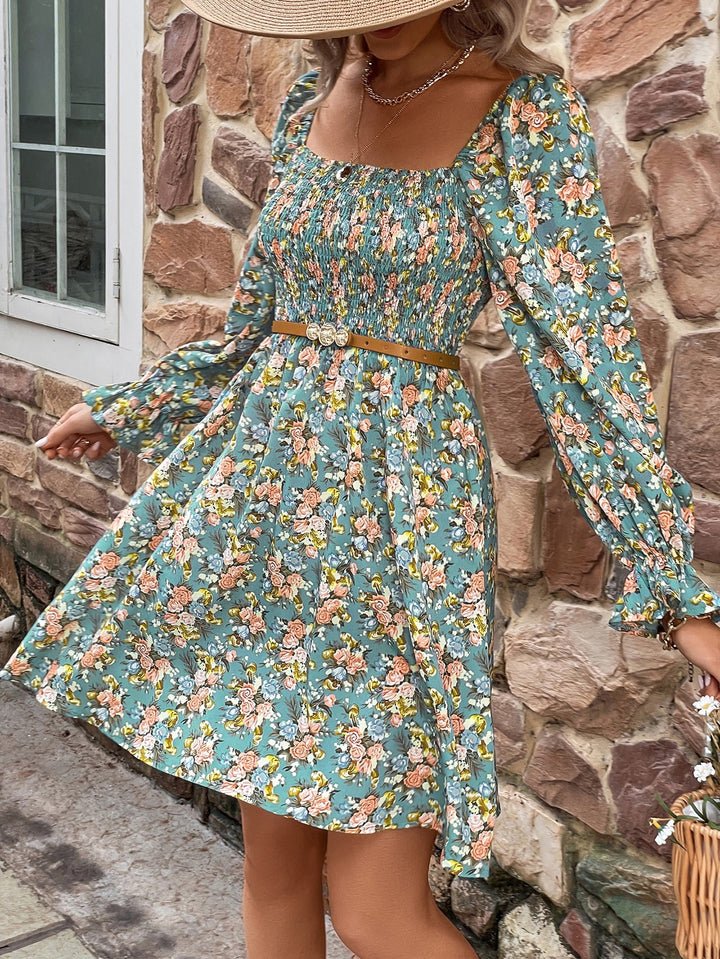 Floral Smocked Flounce Sleeve Square Neck Dress - Cheeky Chic Boutique