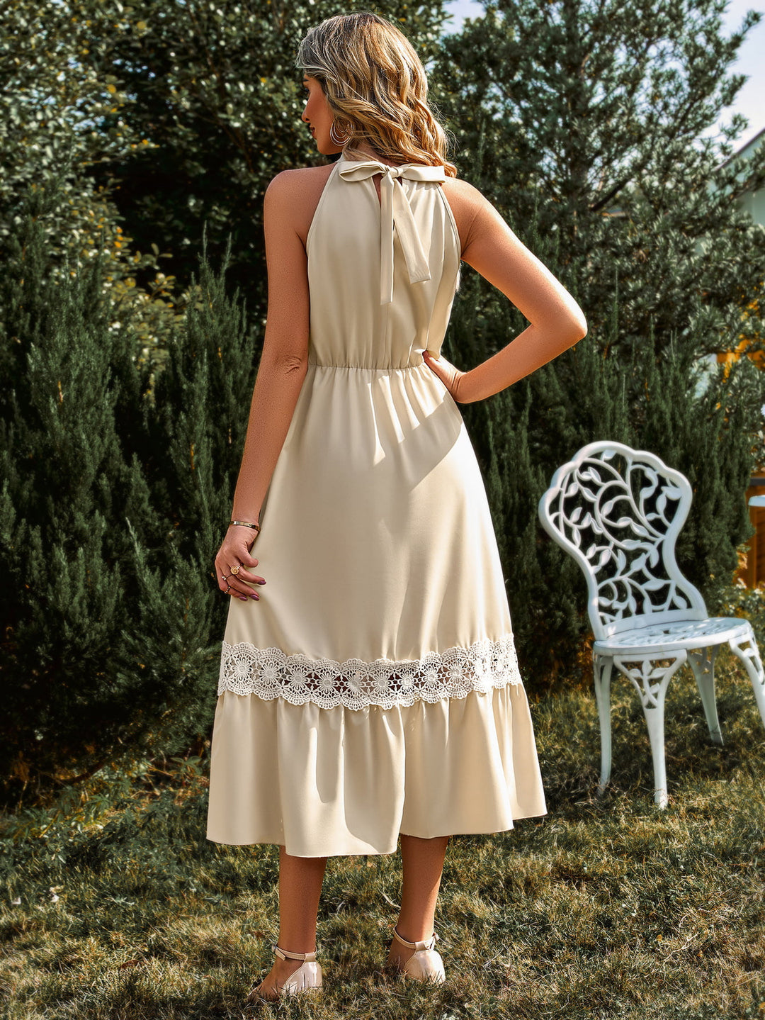 Grecian Neck Spliced Lace Midi Dress - Cheeky Chic Boutique
