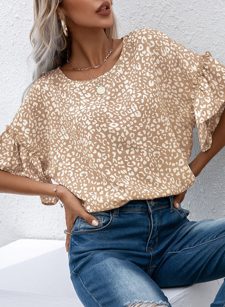Leopard Round Neck Frill Trim Blouse - Cheeky Chic Boutique