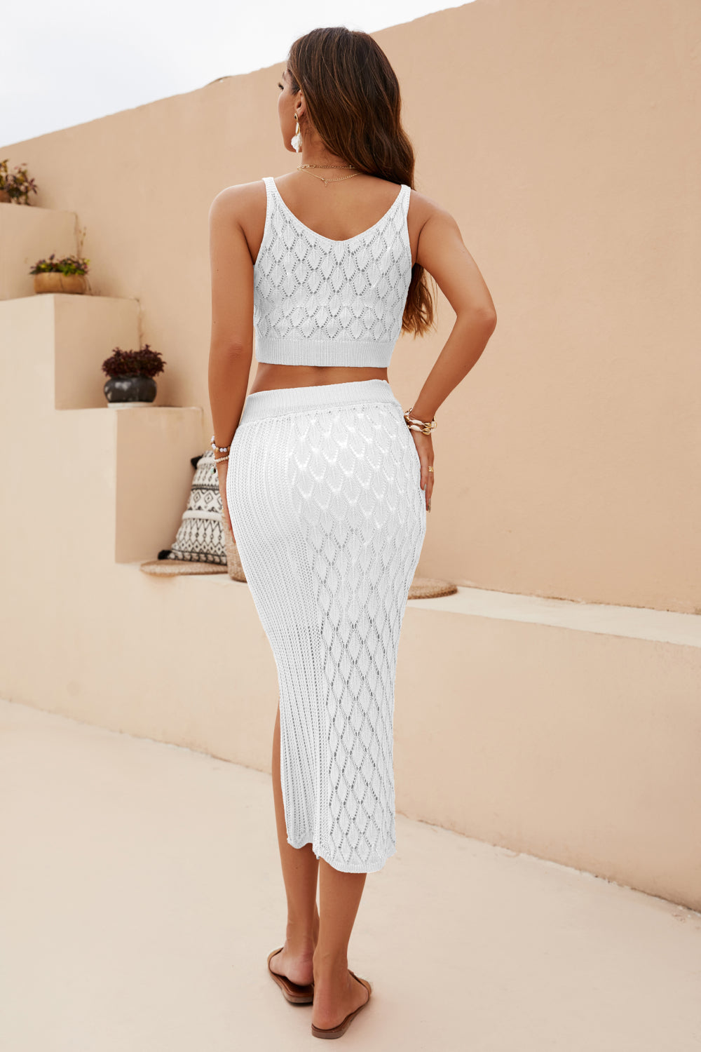 Openwork Cropped Tank and Split Skirt Set - Cheeky Chic Boutique