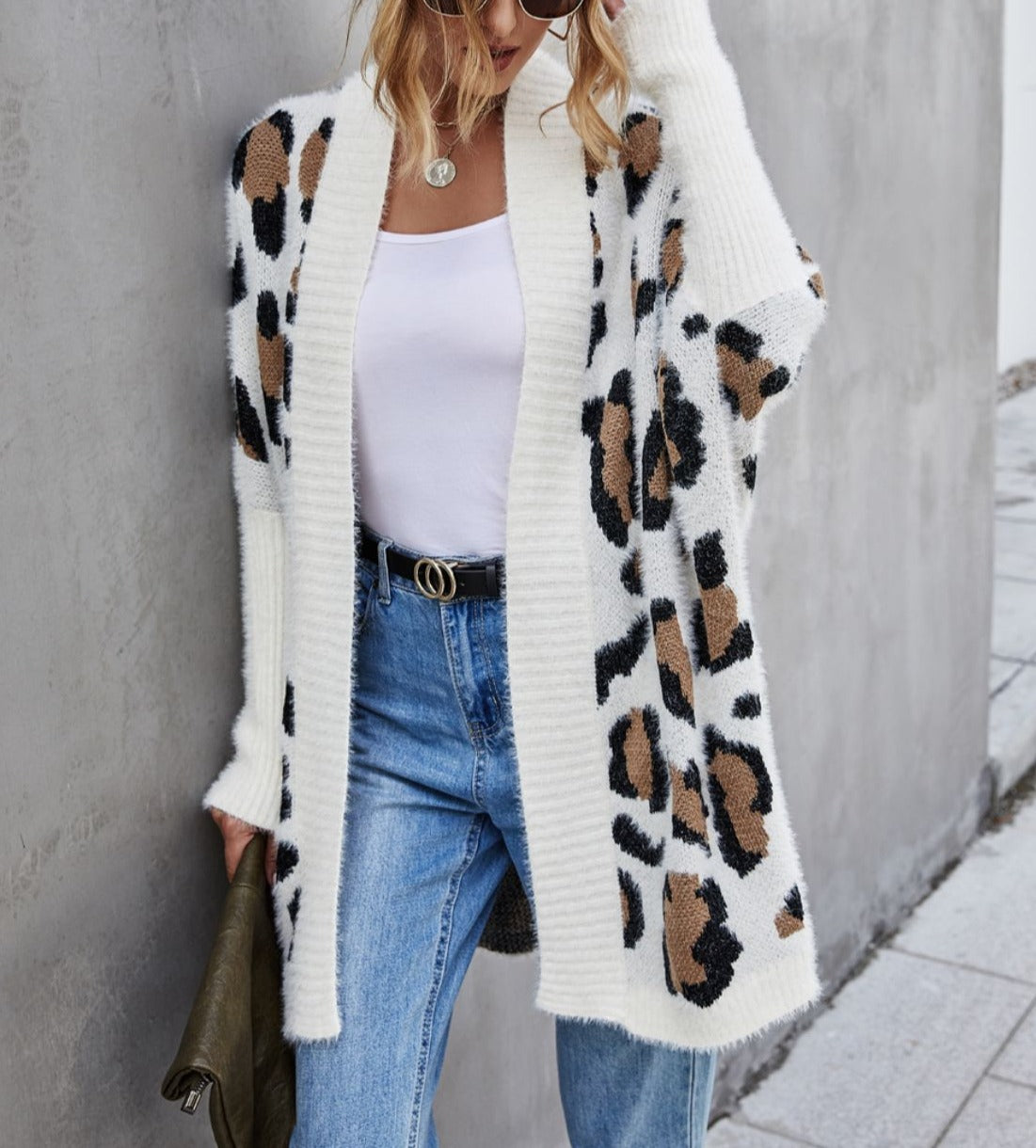 Fuzzy leopard print online cardigan