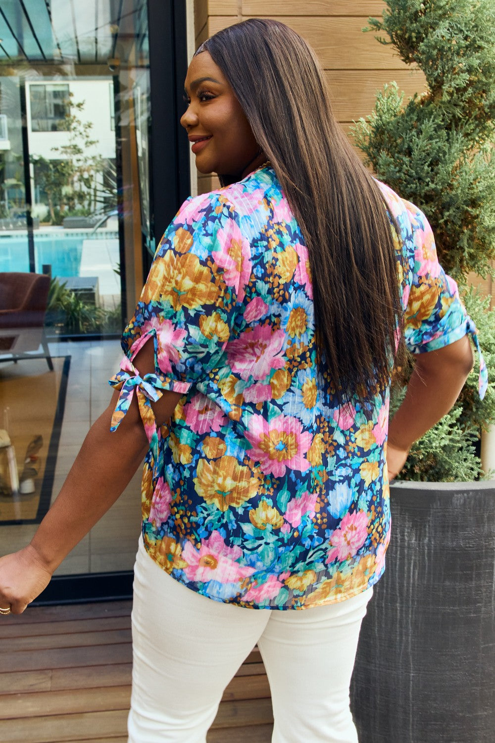 Petal Dew Full Size Floral V-Neck Tie Detail Blouse - Cheeky Chic Boutique