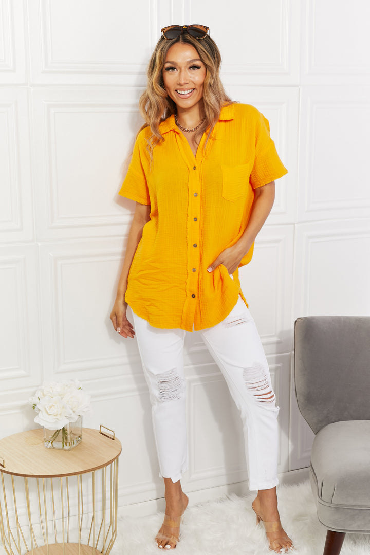 Zenana Full Size Summer Breeze Gauze Short Sleeve Shirt in Mustard - Cheeky Chic Boutique