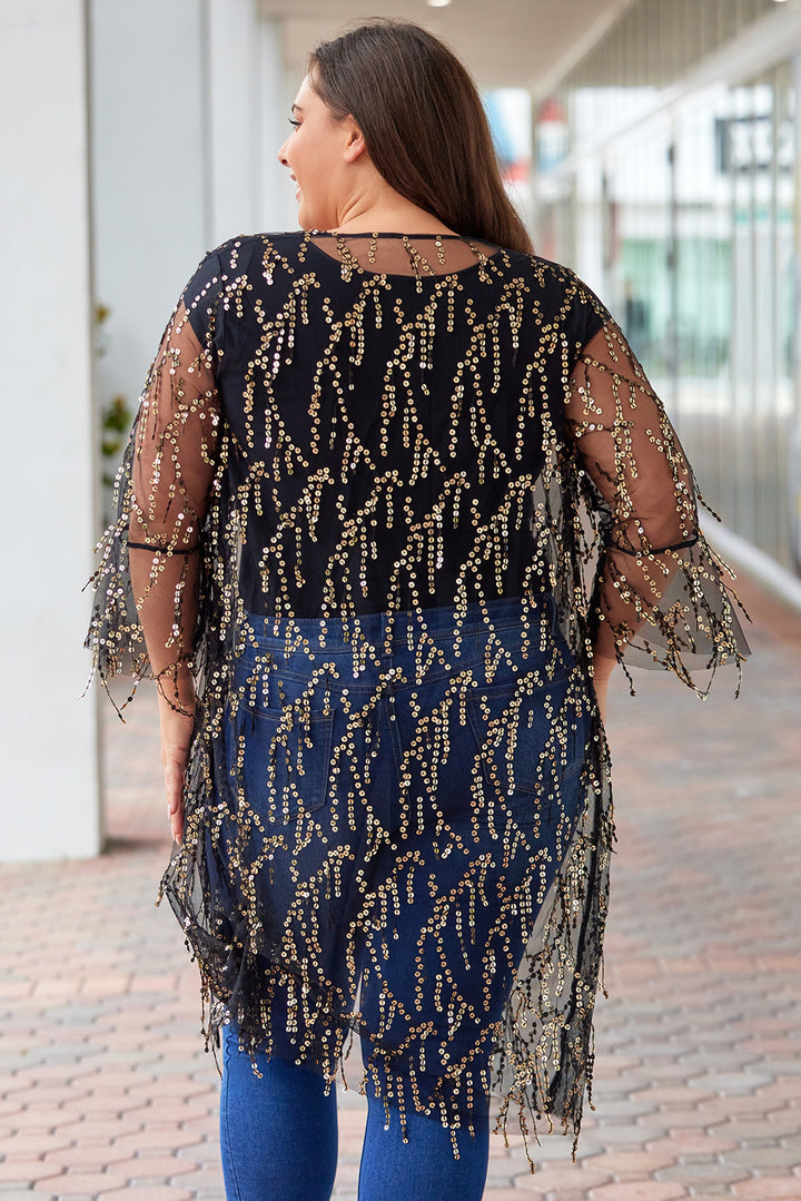 Plus Size Contrast Sequin Sheer Mesh Cardigan - Cheeky Chic Boutique