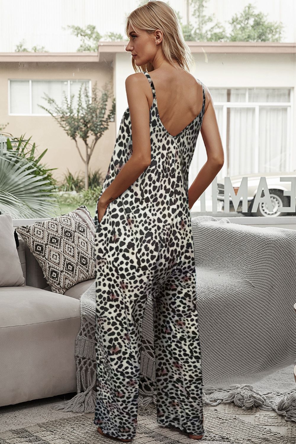 Animal Print Spaghetti Strap Jumpsuit with Pockets - Cheeky Chic Boutique