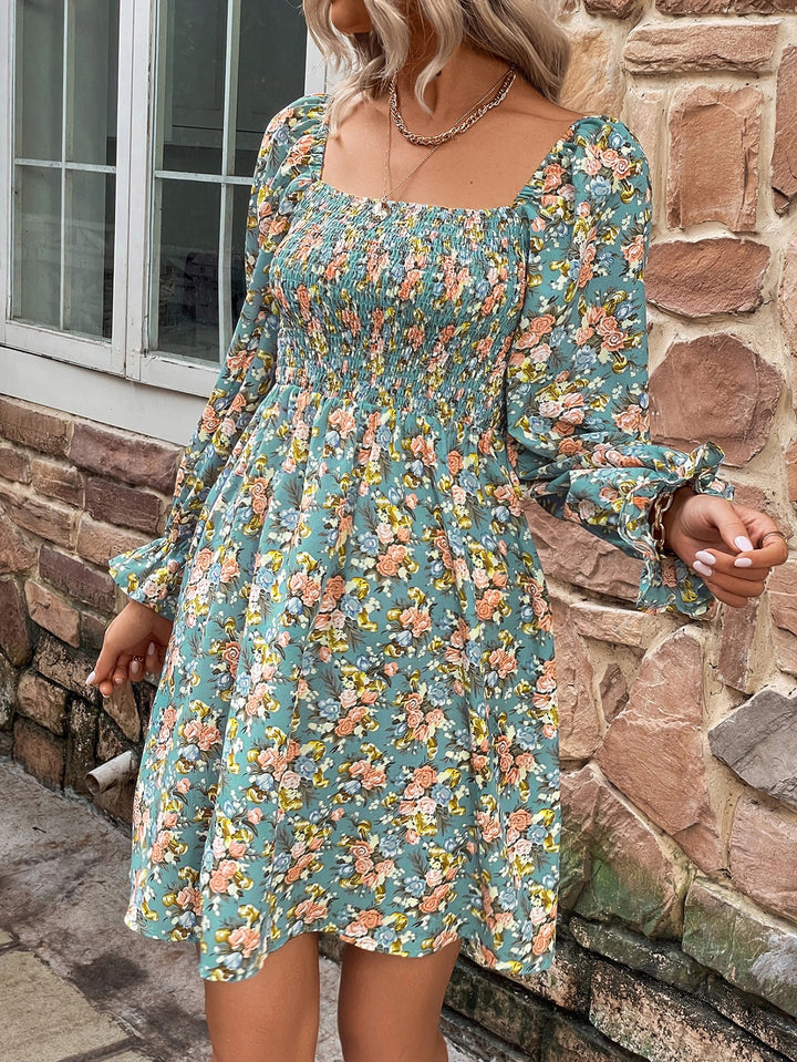 Floral Smocked Flounce Sleeve Square Neck Dress - Cheeky Chic Boutique